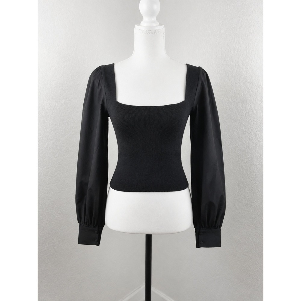Blue Blush Women's Small Black Mixed Media Puff Sleeve Knit Top Romantic